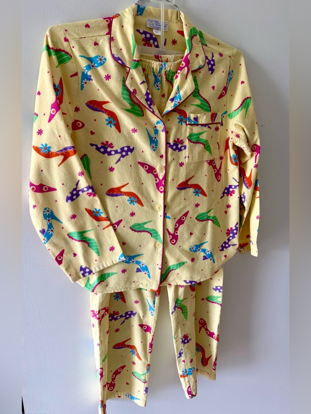 Vtg 90s Sleep Tight High Heels Novelty Pajamas PJ Set M Yellow Flannel/Cotton
